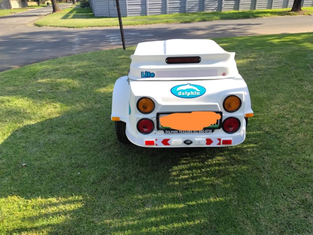 Rear view of white Dolphin Lite trailer